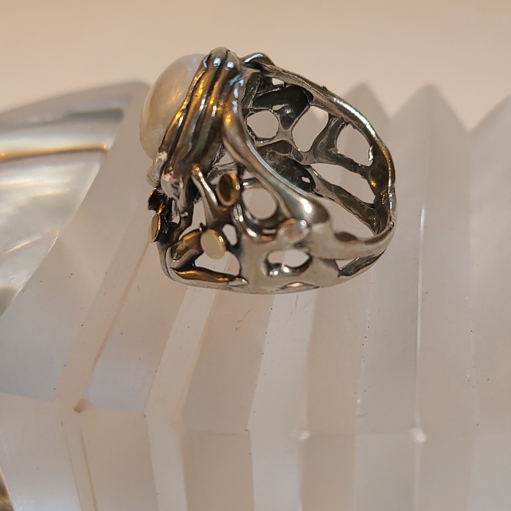 Sterling silver and pearl ring * an unusual beauty!  Size 7 3/4 approx - Picture 5 of 8